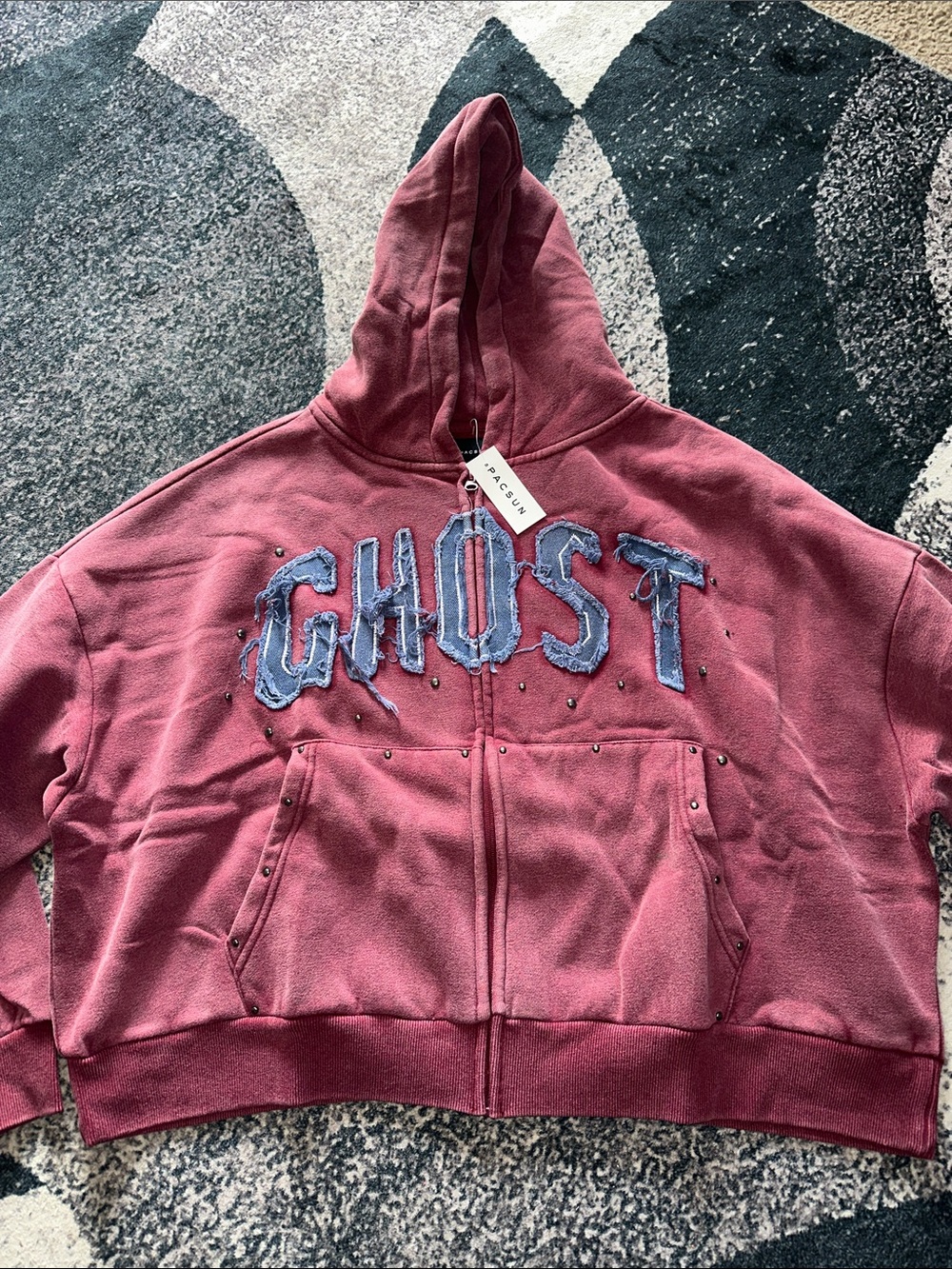 PacSun Men Hooded Zip Jacket in Dusty Rose with 'GHOST' Applique